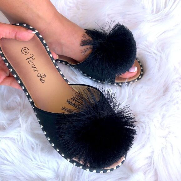 Restock! Verano Rio Poof Black Mule Slide Sandals - Picture 1 of 8